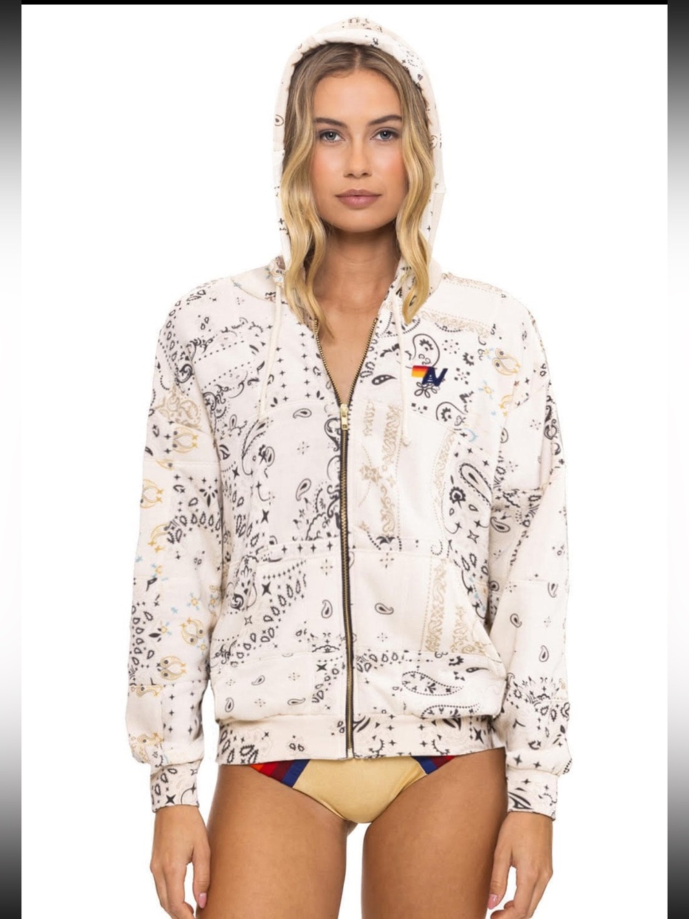 Aviator Nation QUILTED Bandana ZIP HOODIE unisex medium vintage white